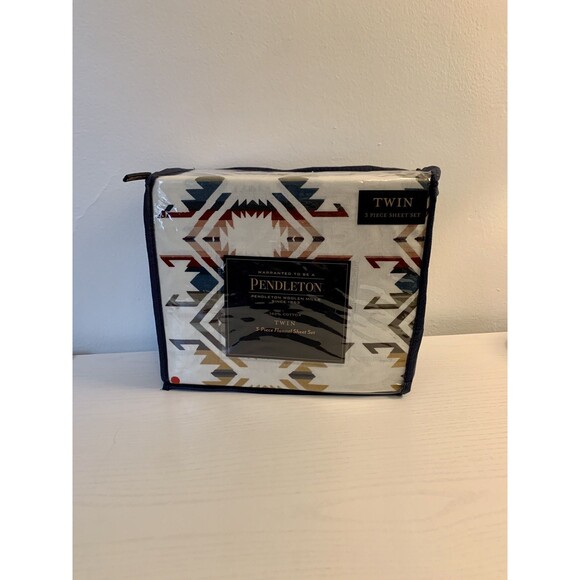 Pendleton Twin Flannel Sheet Set 3 PC Cotton Washable White S. Multi Aztec NEW - Picture 8 of 10